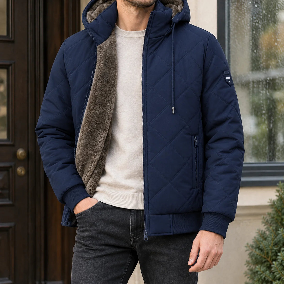 Men's diamond-quilted hooded jacket in coffee brown with faux-fur lining