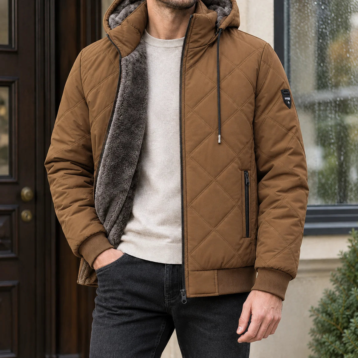 Men's diamond-quilted hooded jacket in khaki with faux-fur lining
