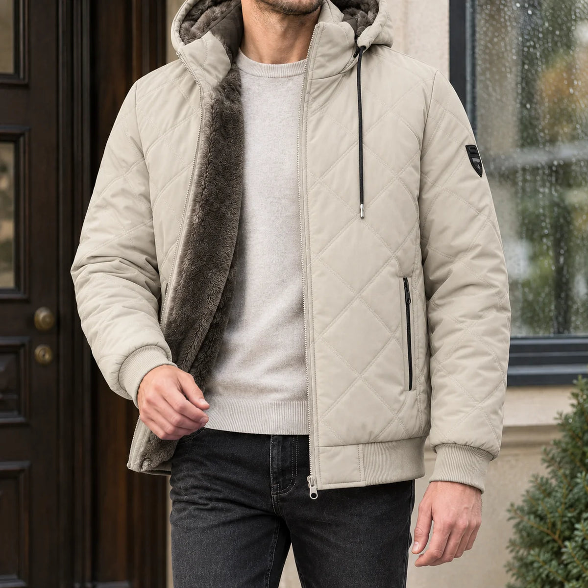 Close-up of the hood and faux-fur lining on the men's quilted jacket