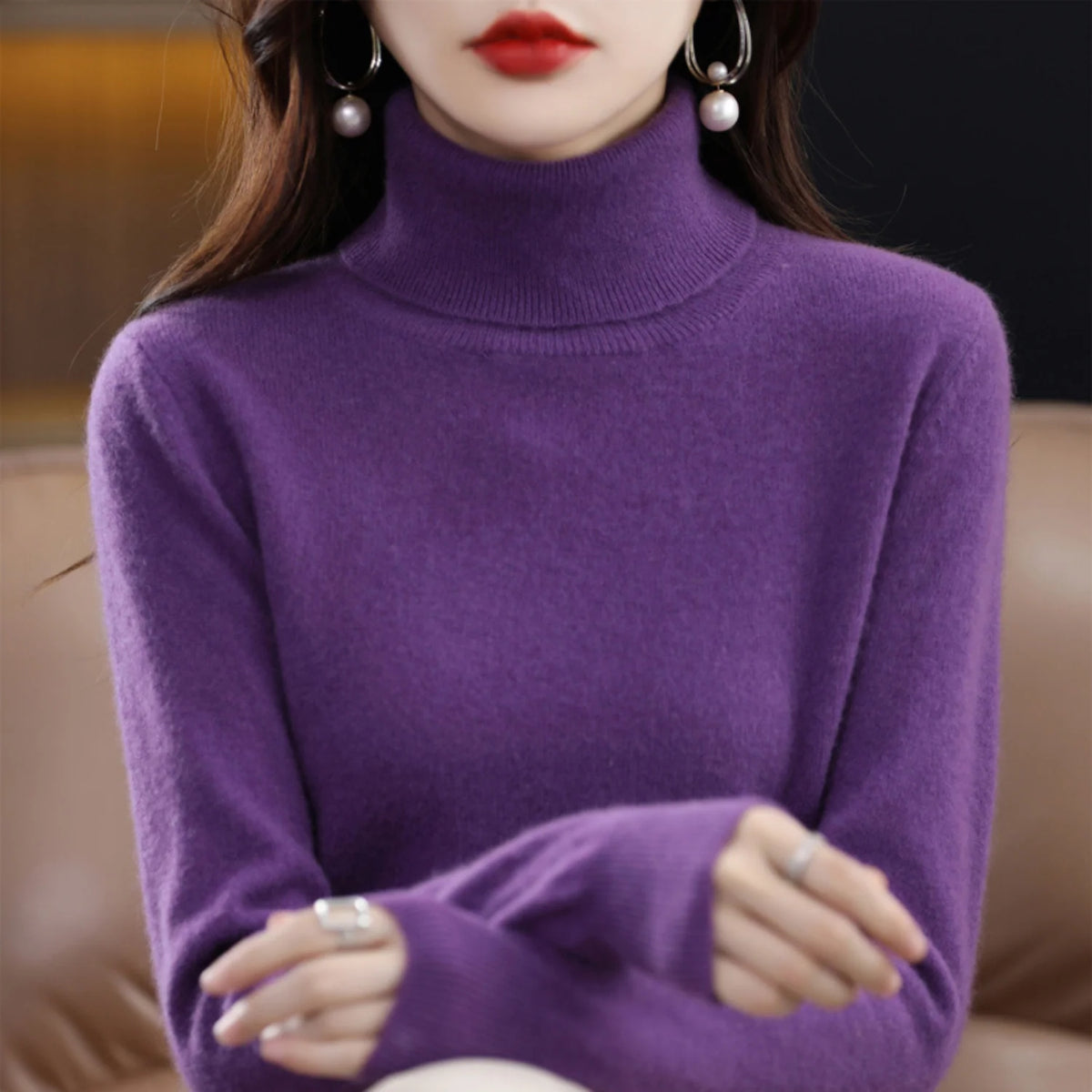 Women's Cashmere Turtleneck Sweater in Purple