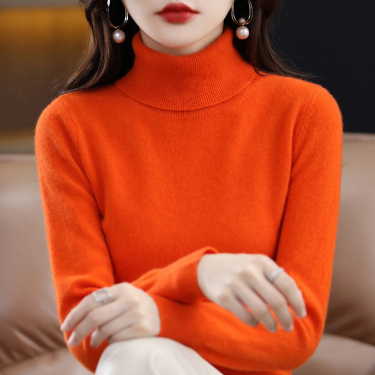 Women's Cashmere Turtleneck Sweater in Orange