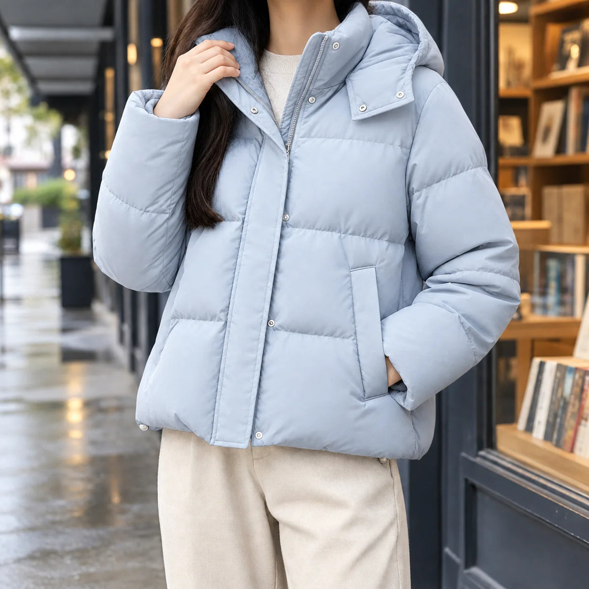 Women's Hooded Puffer Jacket in Creamy Yellow