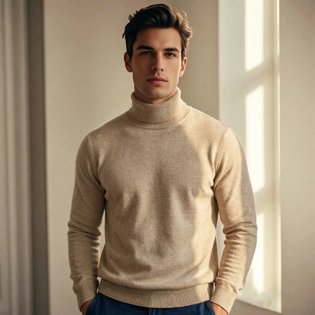 Men's Merino Wool Turtleneck Sweater in Khaki