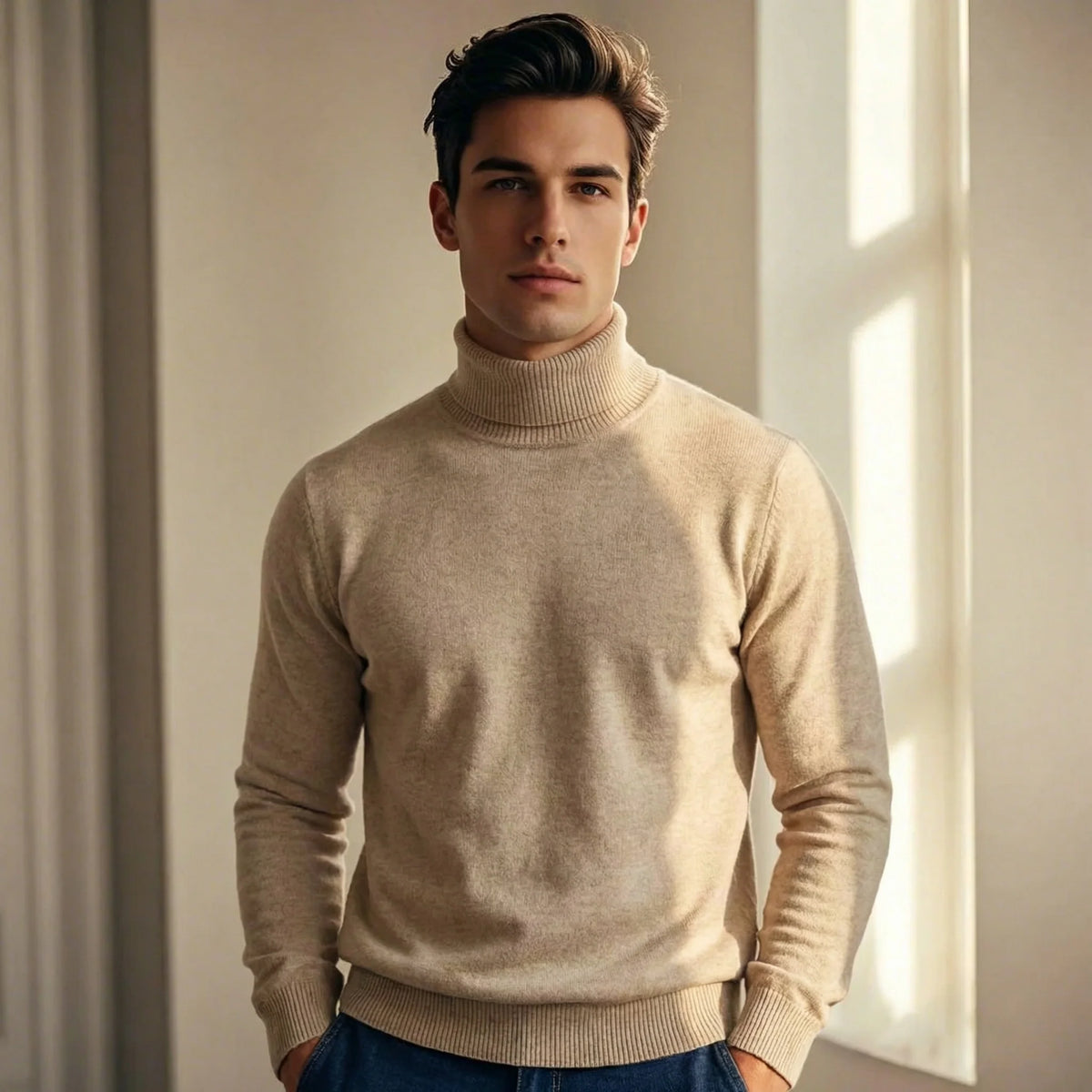 Men's Merino Wool Turtleneck Sweater in Khaki