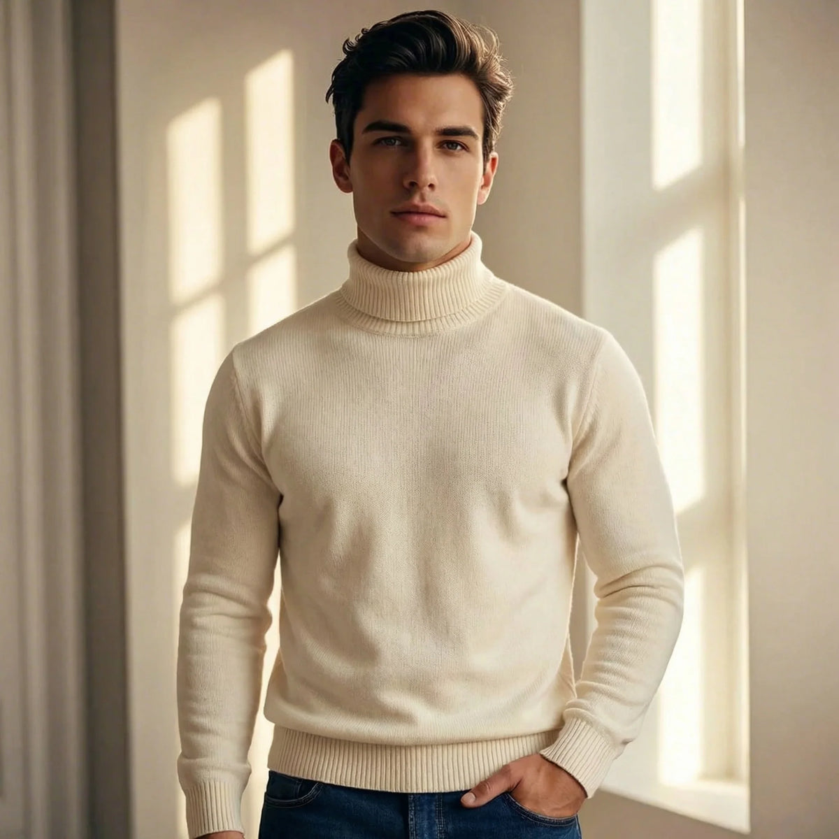 Men's Merino Wool Turtleneck Sweater in Cream