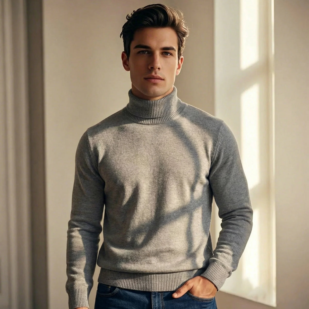 Men's Merino Wool Turtleneck Sweater in Gray