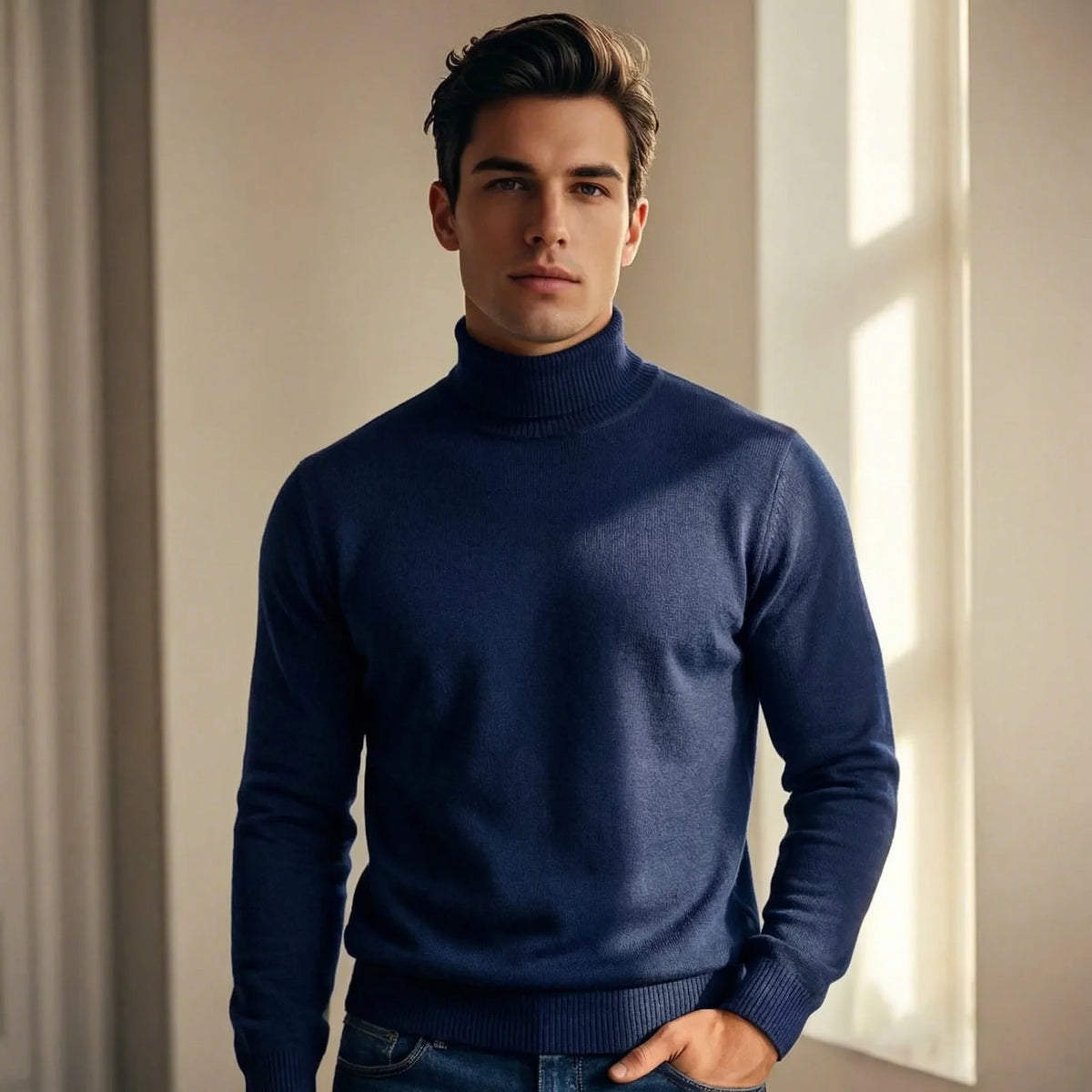 Men's Merino Wool Turtleneck Sweater in Blue