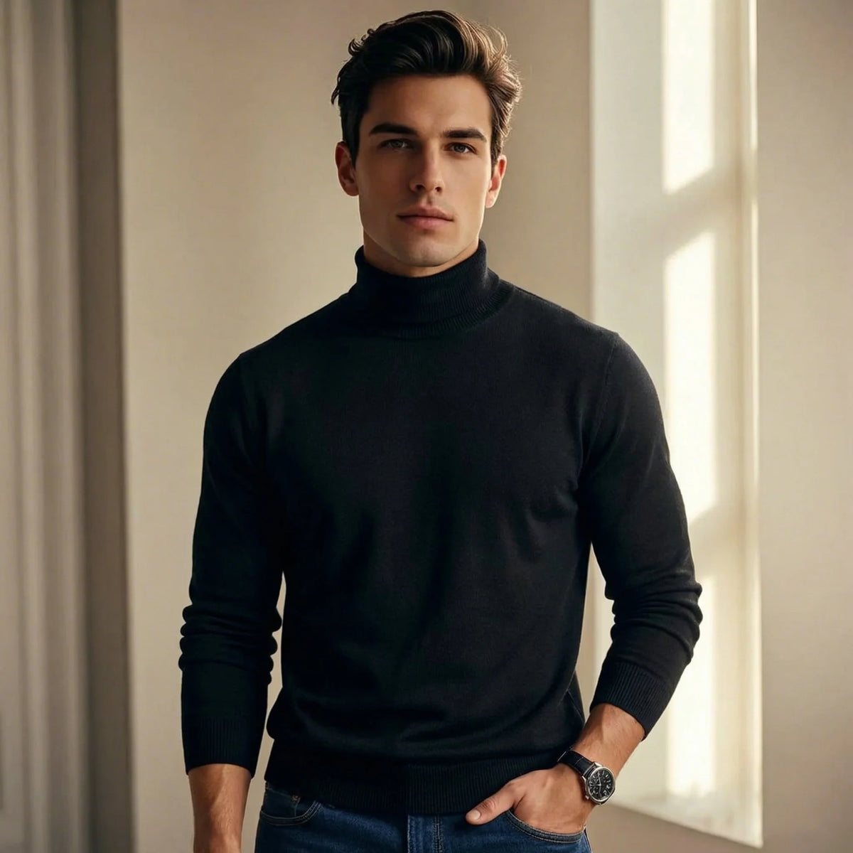 Men's Merino Wool Turtleneck Sweater in Black