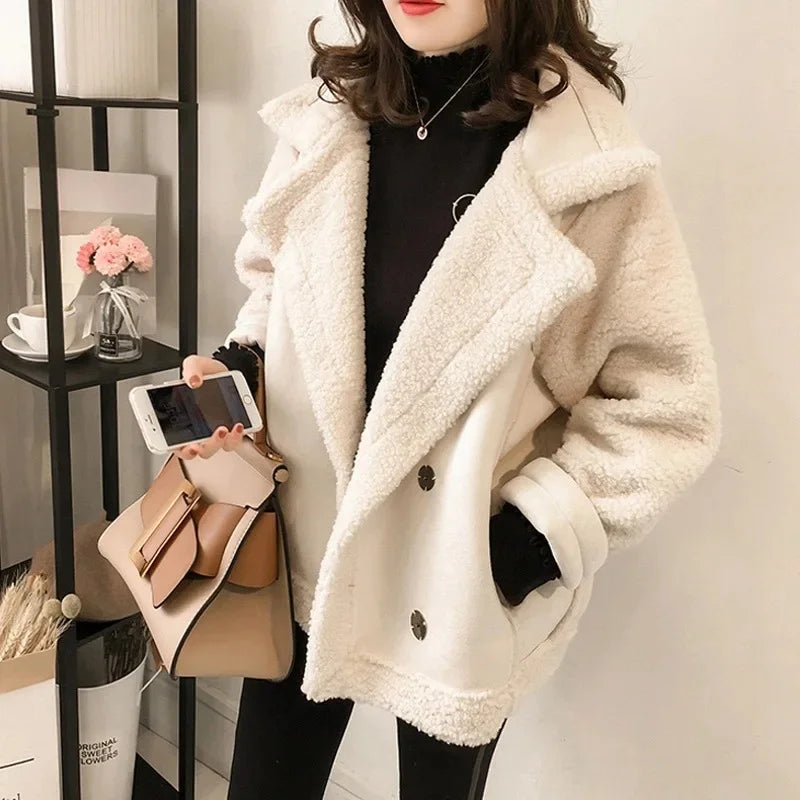 Women's Faux Shearling Jacket in Cream and Beige