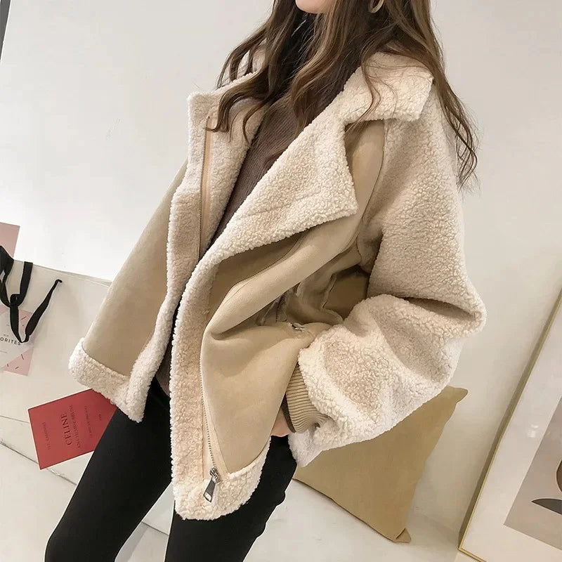 Women's Faux Shearling Jacket – Notch Lapel Detail