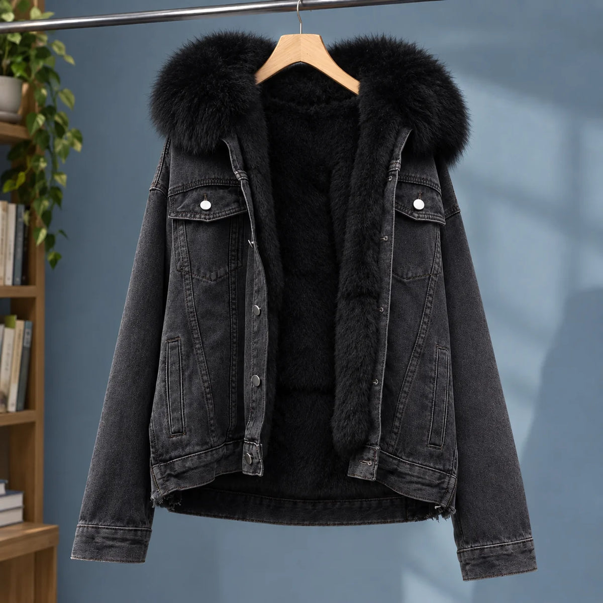 Women's Sherpa-Lined Denim Jacket in Black