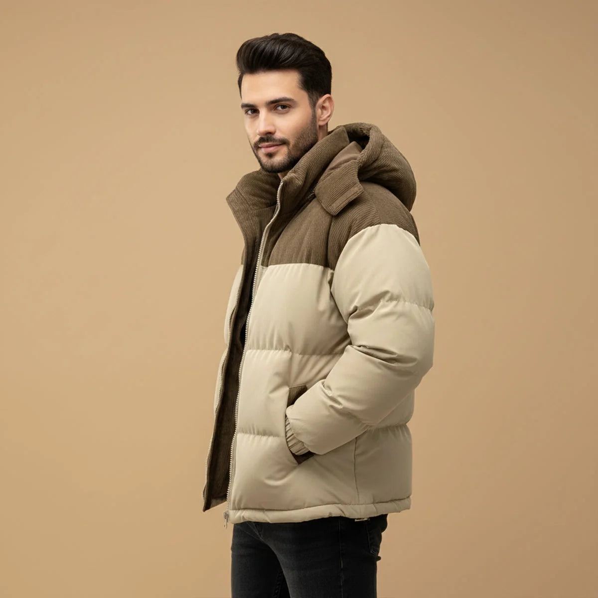 Men's Hooded Puffer Jacket in Black