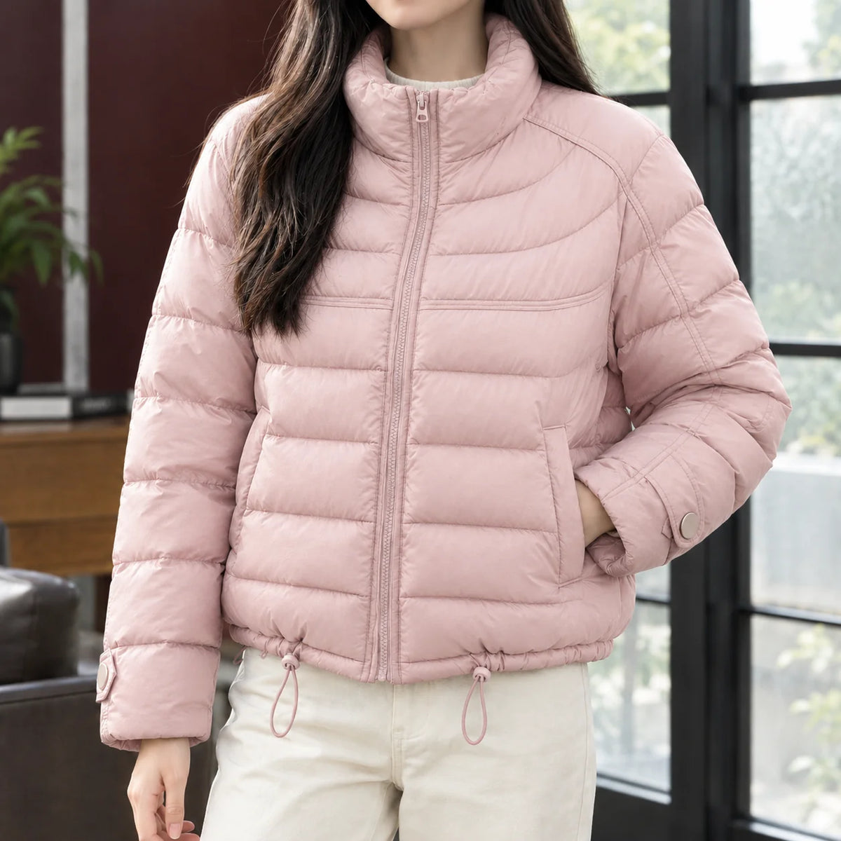 Women's cropped quilted jacket in yellow with drawcord hem
