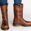 Women's shearling-cuff pull-on boots in brown with round toe