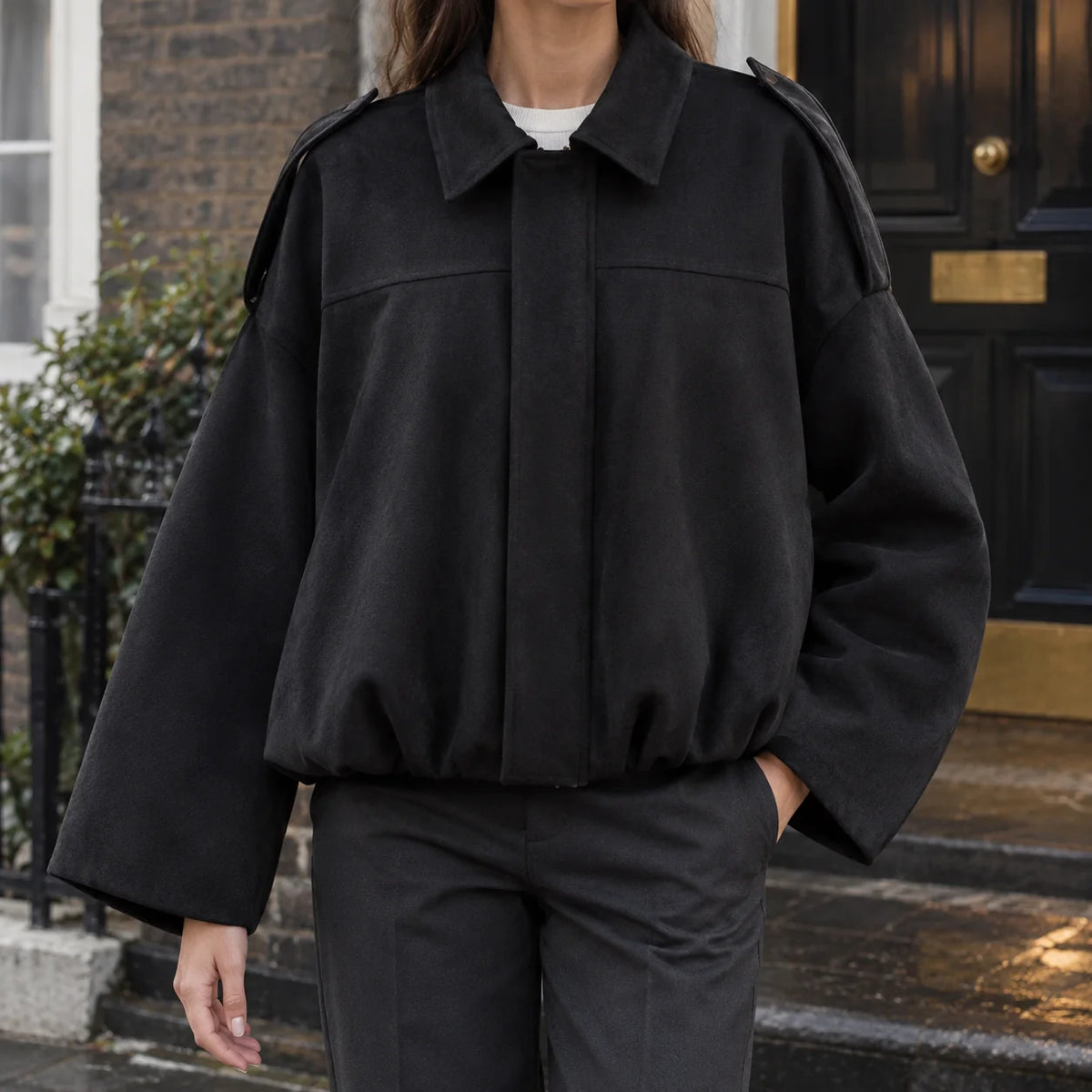 Women's Suede Blouson Jacket in Black