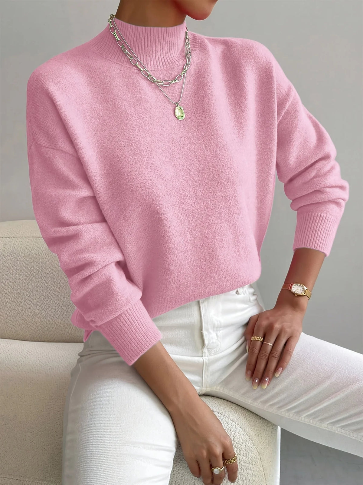 Women's pink oversized mock neck sweater