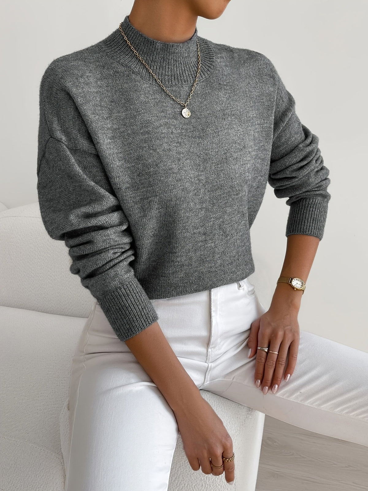 Women's gray oversized mock neck sweater