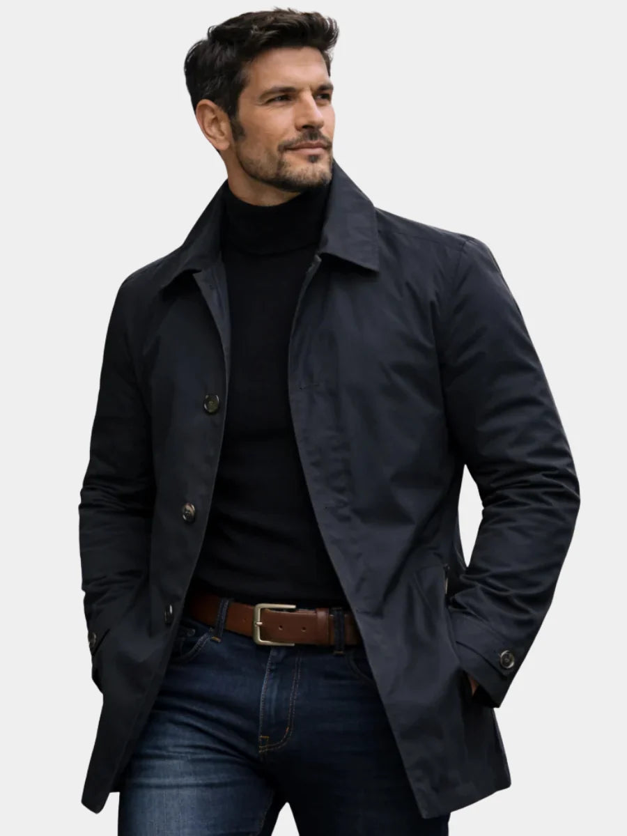 Men's Single-Breasted Car Coat in Navy Blue