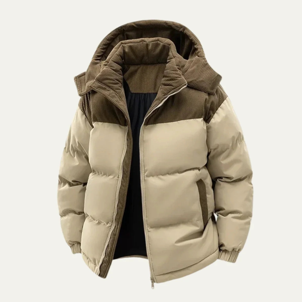 Women's khaki hooded puffer jacket with corduroy-trim hood