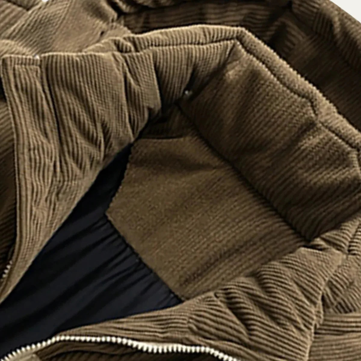 Women's khaki hooded puffer jacket with corduroy-trim hood