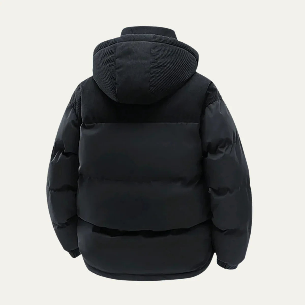 Women's black hooded puffer jacket with corduroy-trim hood
