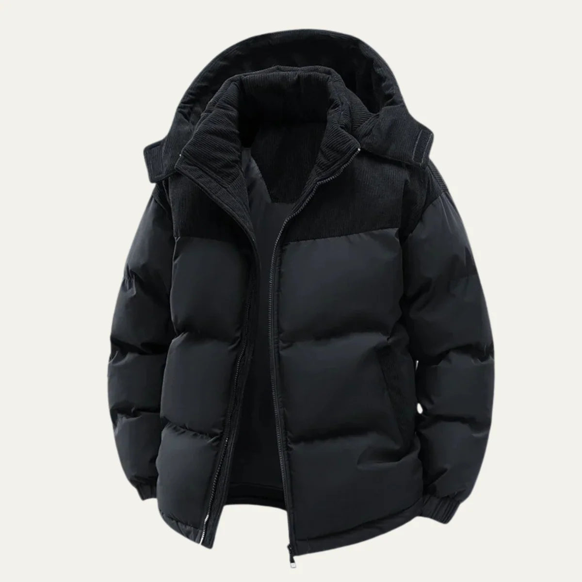 Women's black hooded puffer jacket with corduroy-trim hood