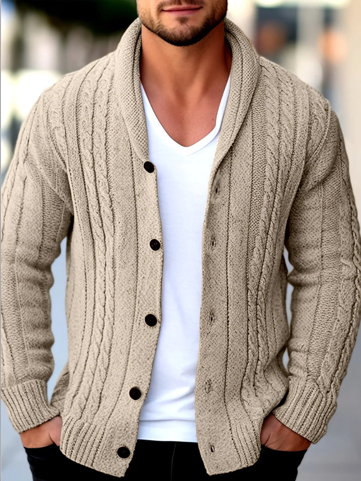 Men's Shawl-Collar Cable-Knit Cardigan in Apricot