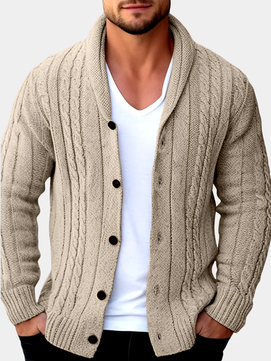 Men's Shawl-Collar Cable-Knit Cardigan in Black