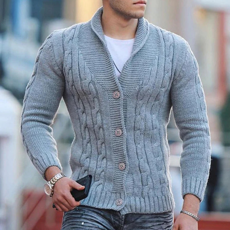 Men's Shawl-Collar Cable-Knit Cardigan in Burgundy