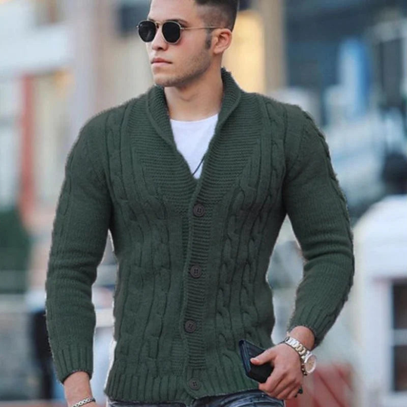 Men's Shawl-Collar Cable-Knit Cardigan in Gray