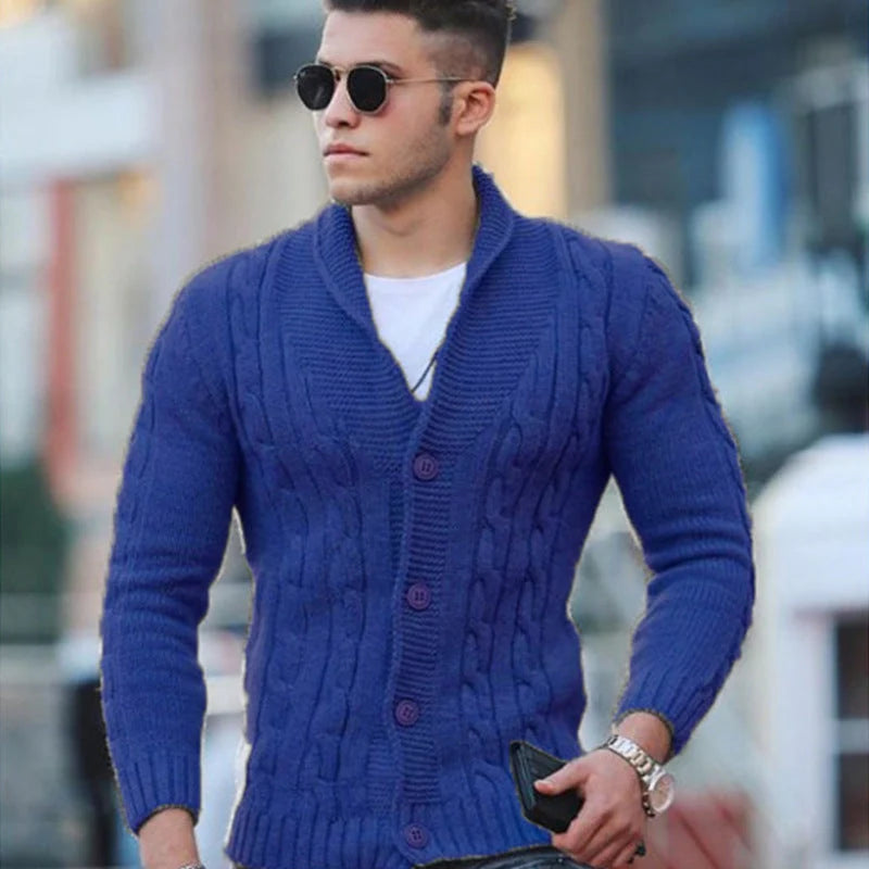 Men's Shawl-Collar Cable-Knit Cardigan in Blue