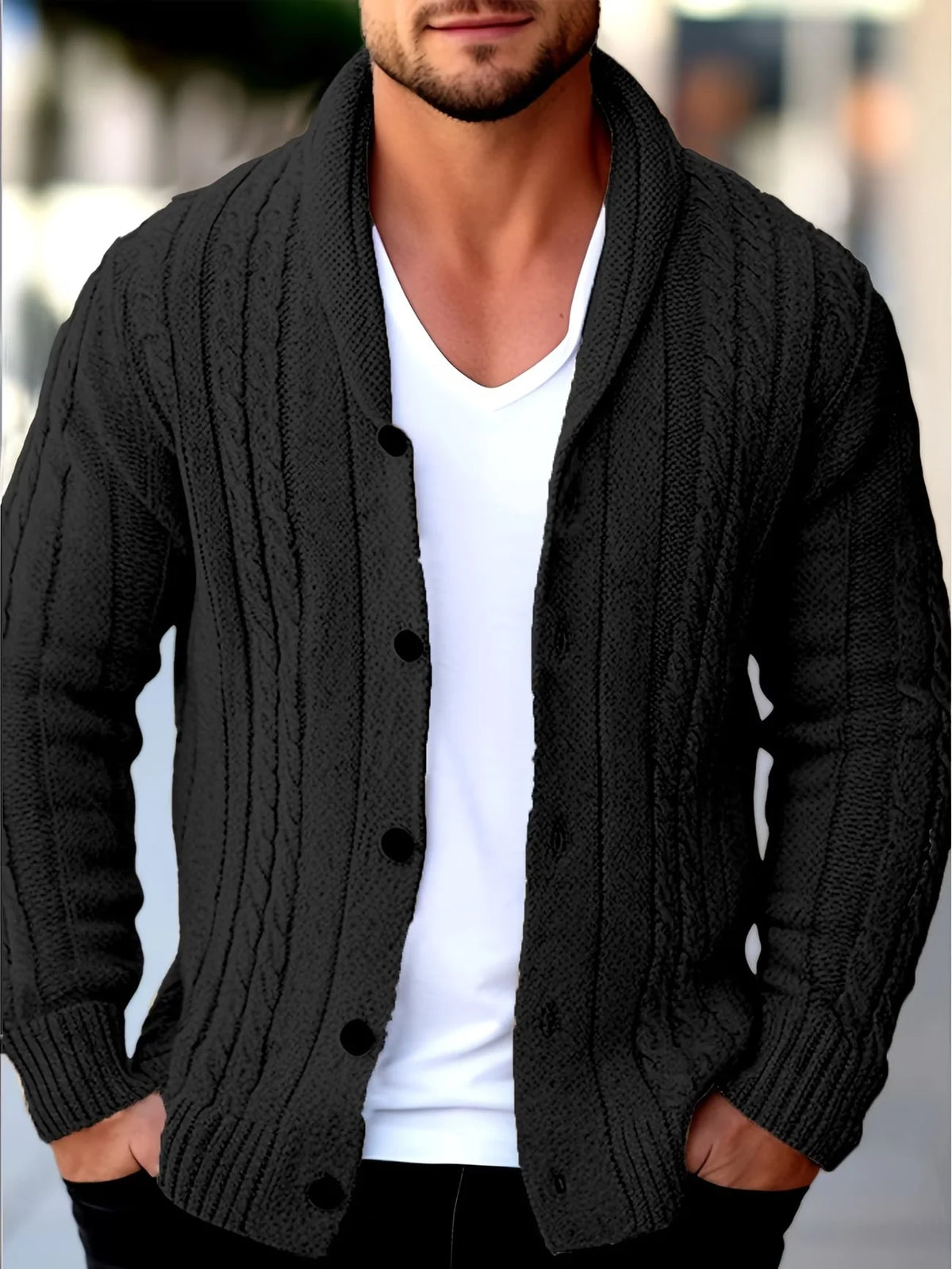 Men's Shawl-Collar Cable-Knit Cardigan – Button Detail