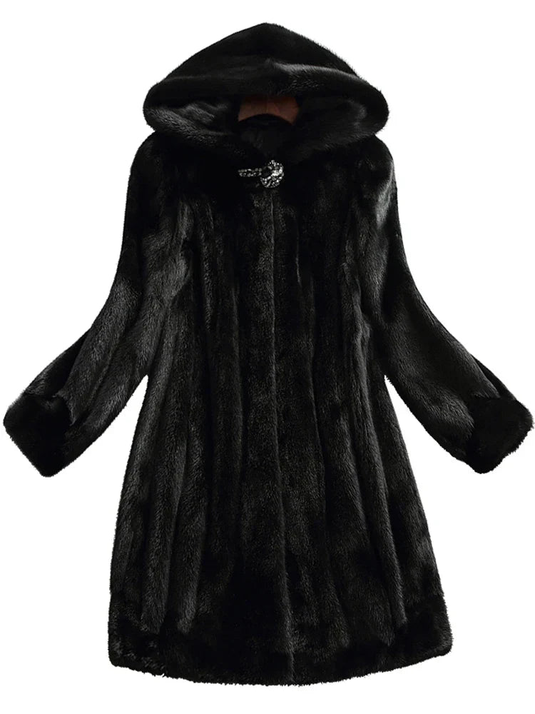 Women's Faux Fur Hooded Coat – Jeweled Clasp Detail