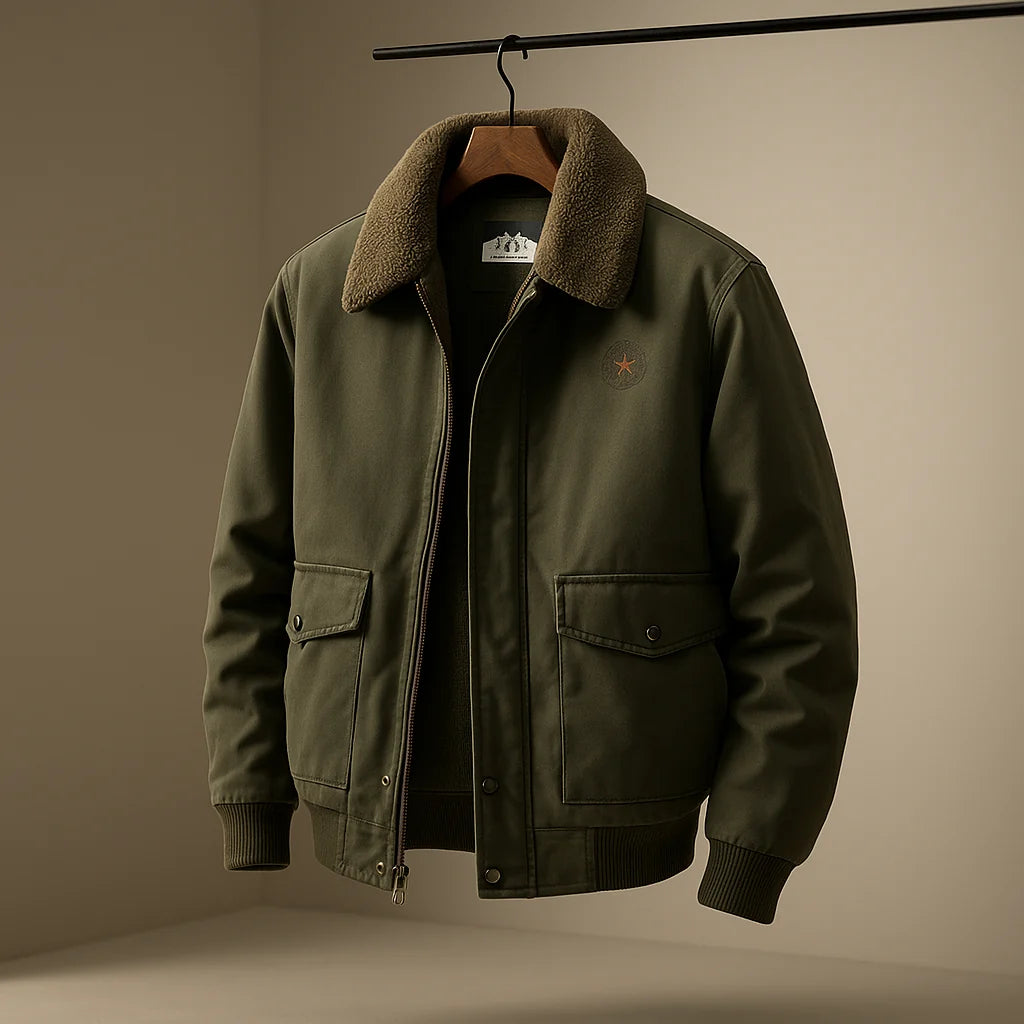 Men's Shearling-Collar Bomber Jacket in Army