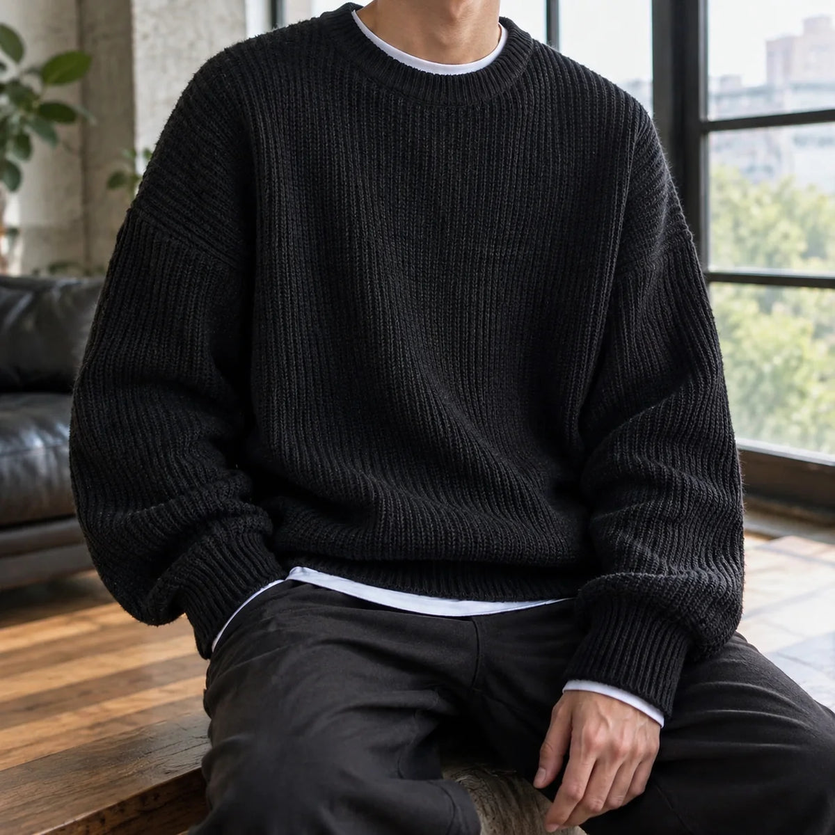 Men's oversized ribbed crewneck sweater in black