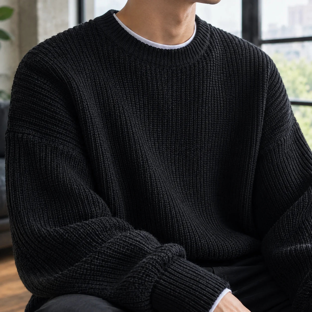 Men's oversized ribbed crewneck sweater in dark gray