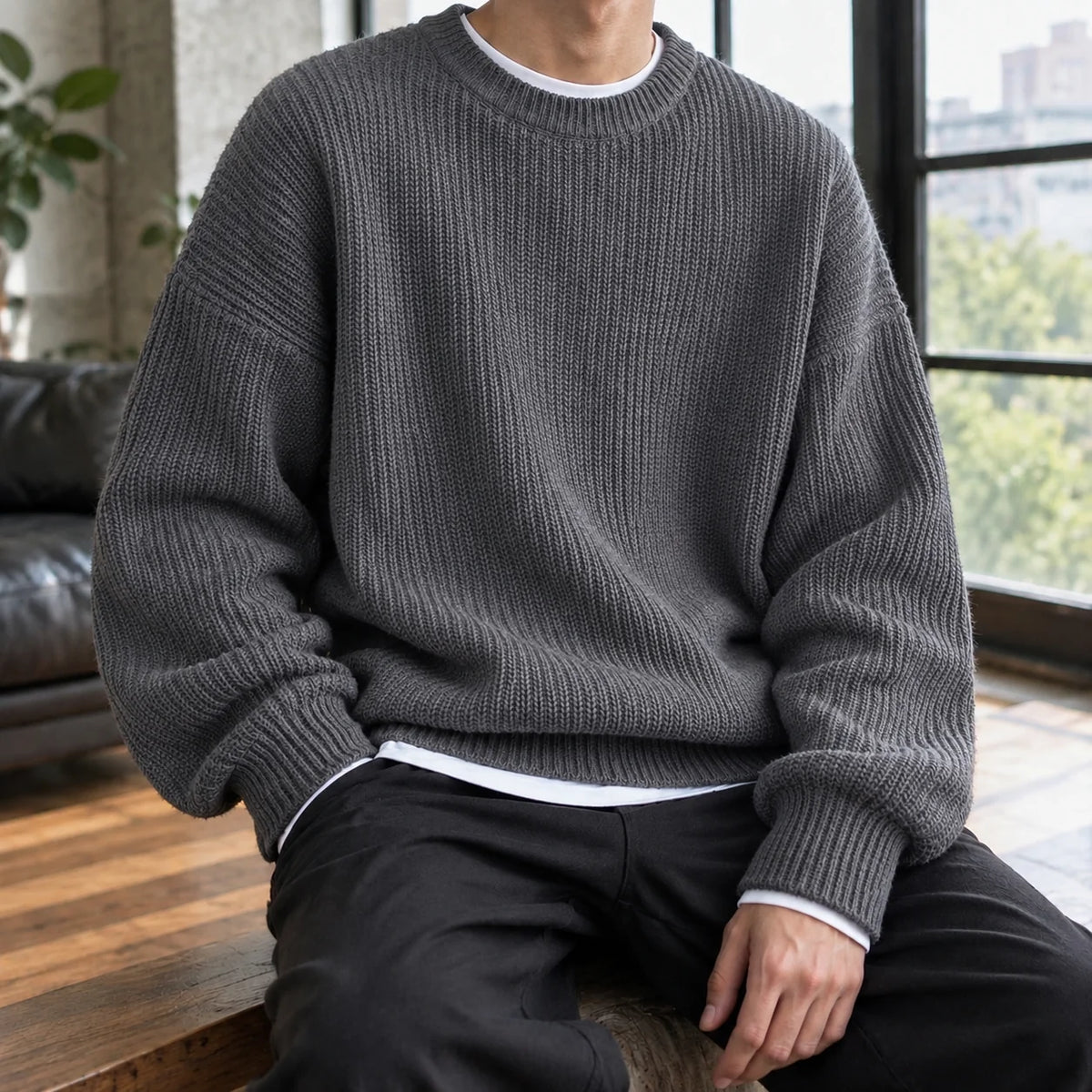 Men's oversized ribbed crewneck sweater in light blue