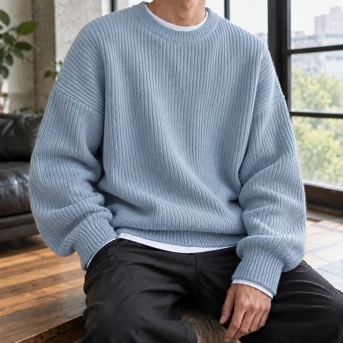 Men's oversized ribbed crewneck sweater in white