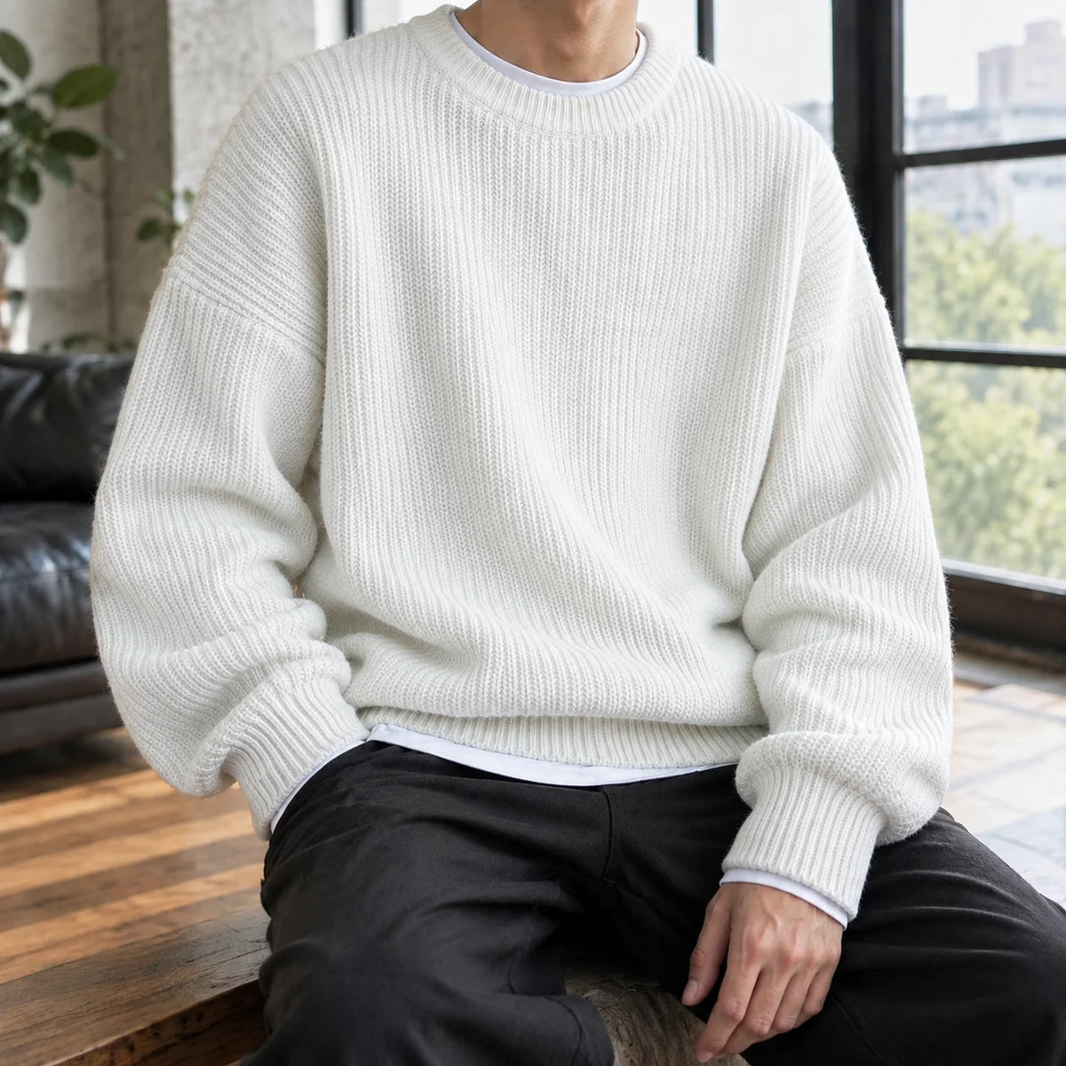 Men's oversized ribbed crewneck sweater in gray