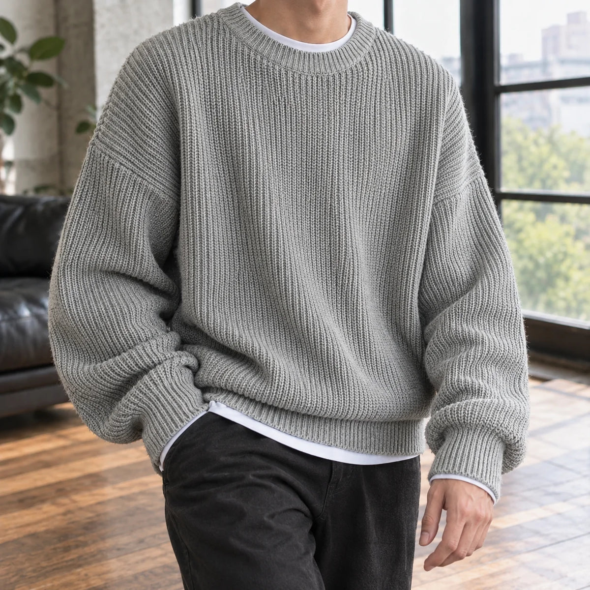 Men's oversized ribbed crewneck sweater in pink
