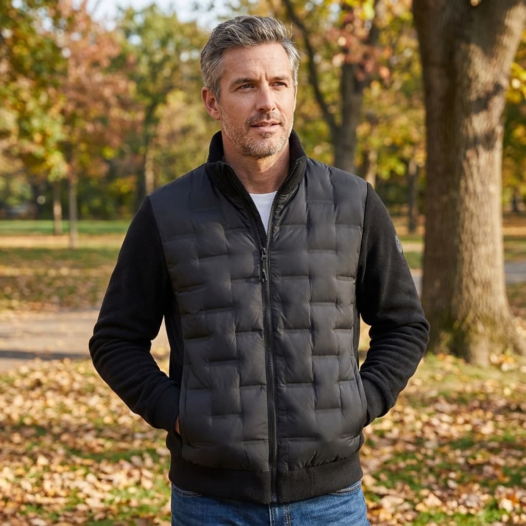 Men's Mixed-Media Puffer Jacket – Zip Detail
