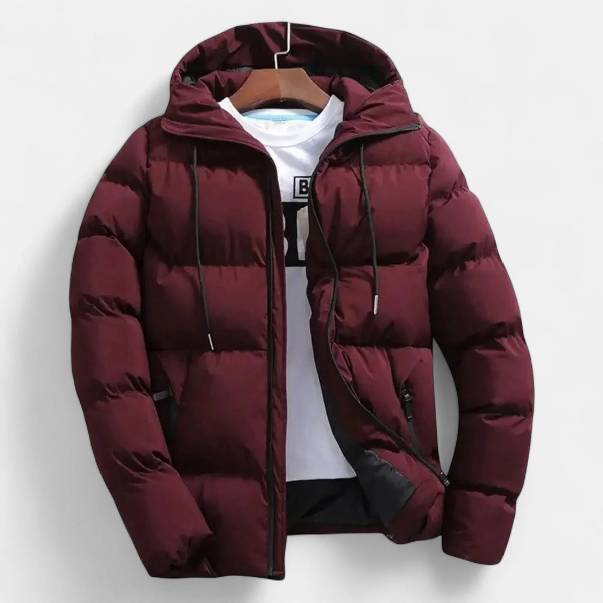 Men's Quilted Hooded Puffer Jacket in Bordeaux