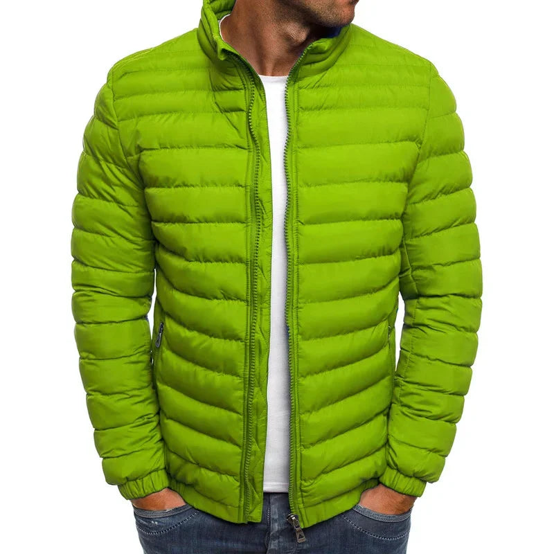 Men's gray quilted puffer jacket with mock neck