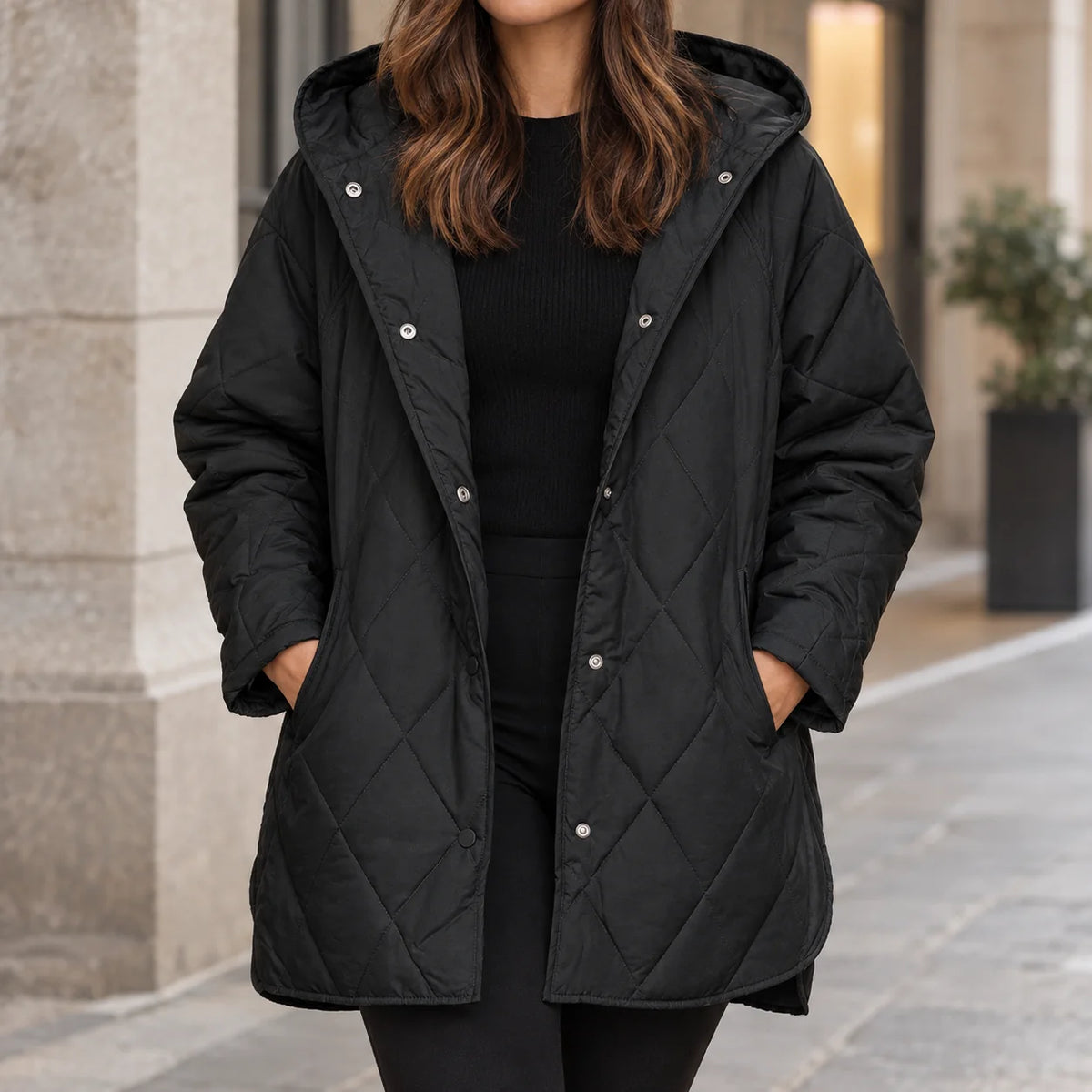 Women's Hooded Quilted Puffer Jacket in Black