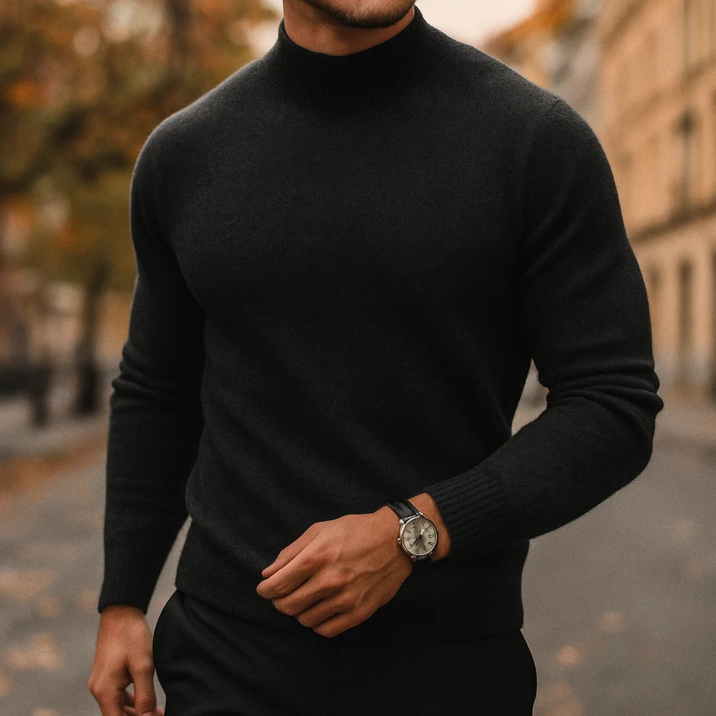 Merino Wool Mock Neck Sweater in Black