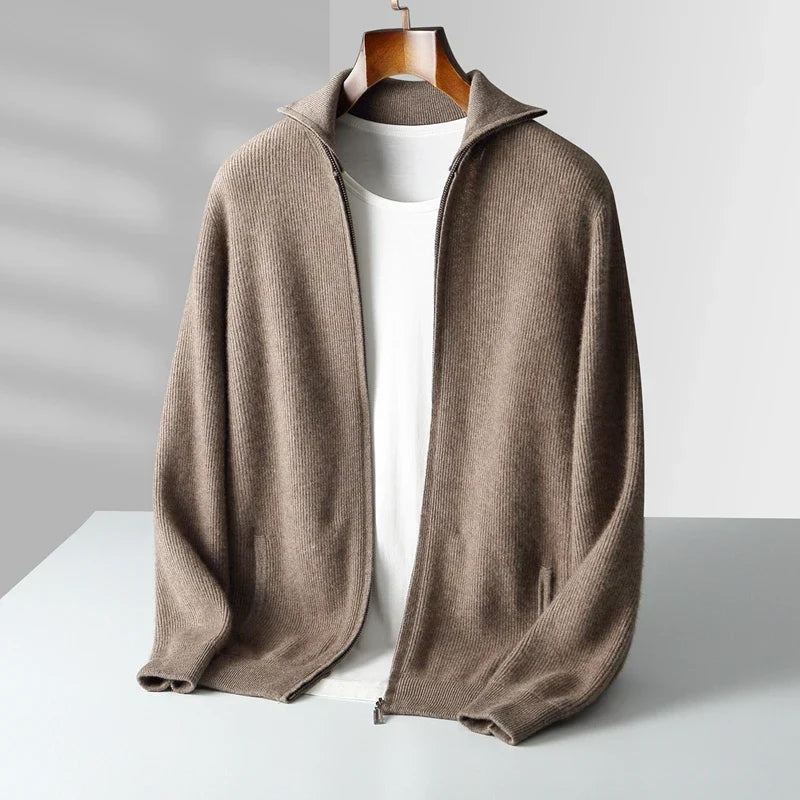 Men's Full-Zip Cashmere Cardigan in Camel