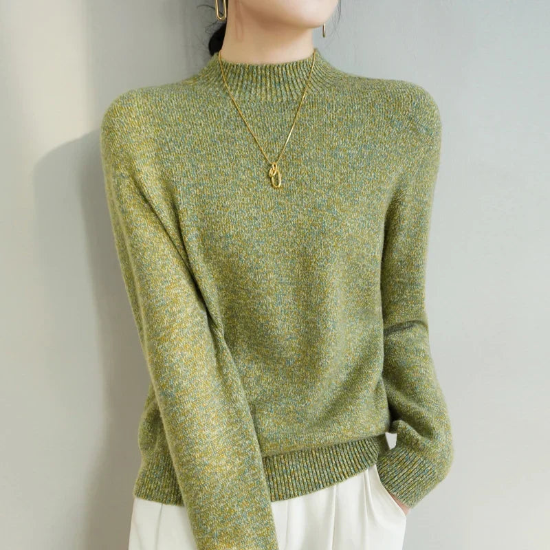 Women's Merino Wool Mock Neck Sweater in Green