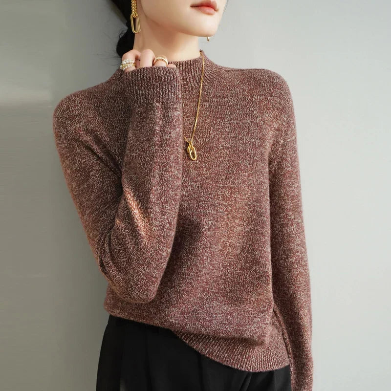 Women's Merino Wool Mock Neck Sweater in Brown