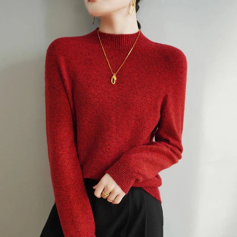 Women's Merino Wool Mock Neck Sweater in Red