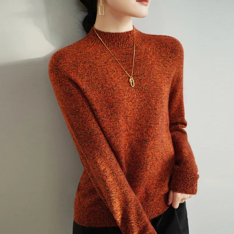 Women's Merino Wool Mock Neck Sweater in Orange